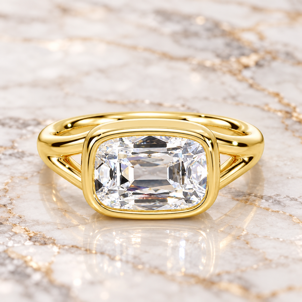 Old Mine Cut Lab Grown Diamond Ring, East-West Bezel, 14K Yellow Gold Split Shank