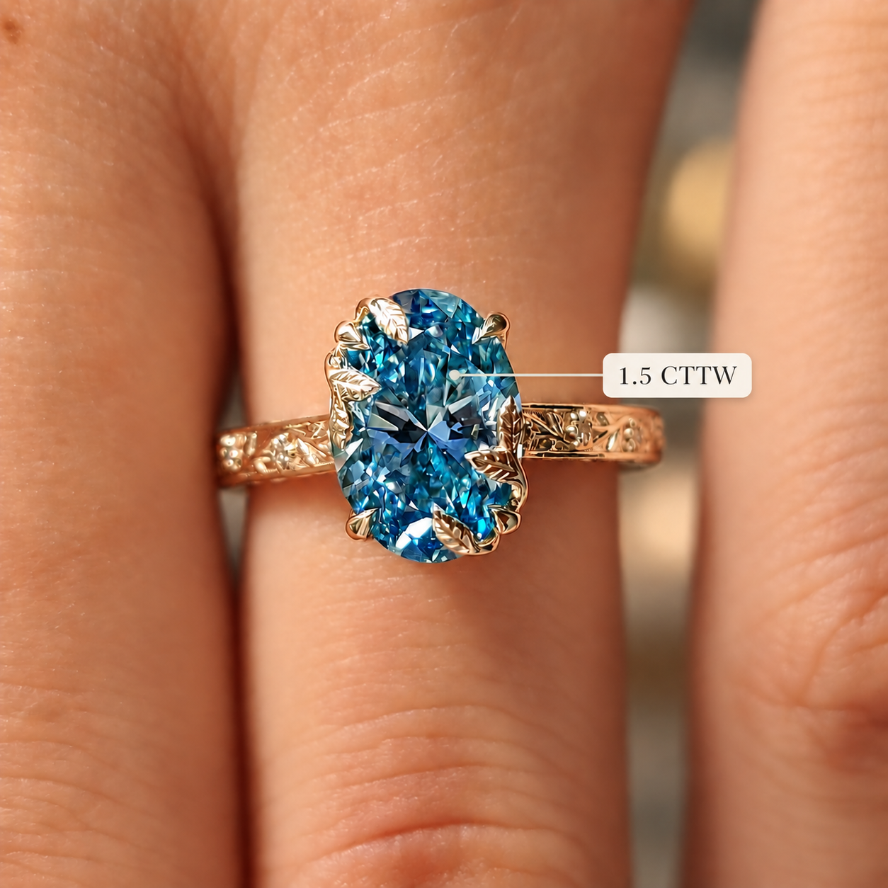 Blue Oval Lab Grown Diamond Engagement Ring Vintage Leaf 14K White Gold IGI Certified 2 Carat