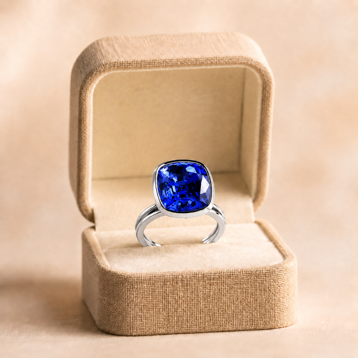 Blue Sapphire Cushion Cut Lab Grown Solitaire Ring Bezel Set 14K White Gold 2 Carat Royal Blue