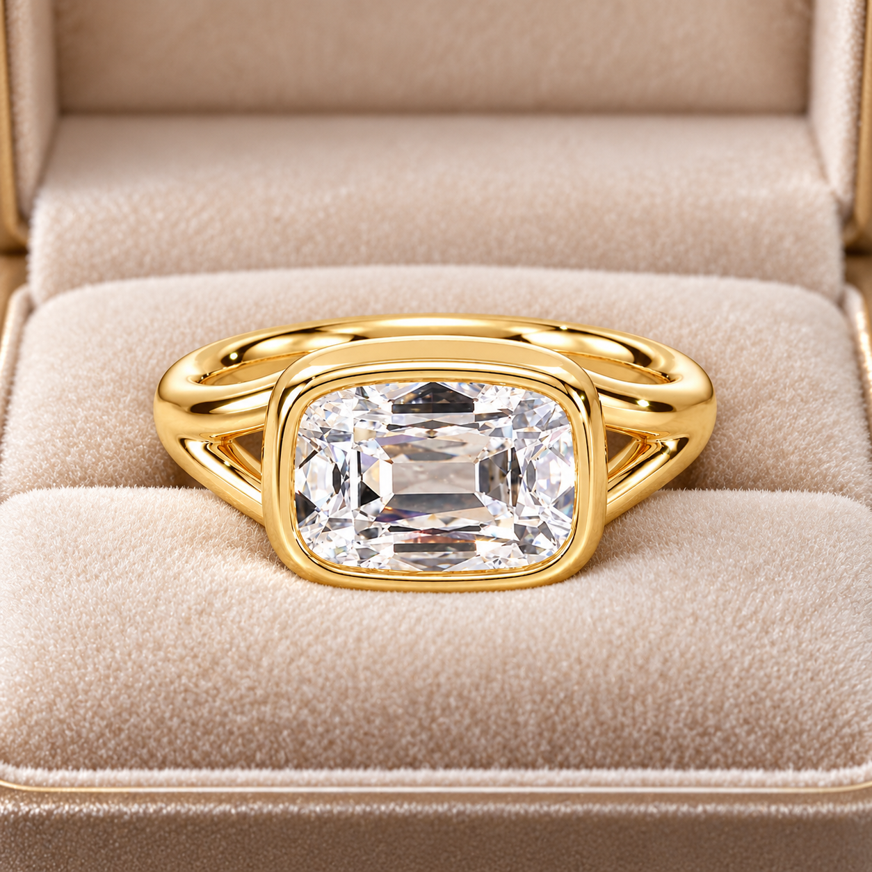 Old Mine Cut Lab Grown Diamond Ring, East-West Bezel, 14K Yellow Gold Split Shank