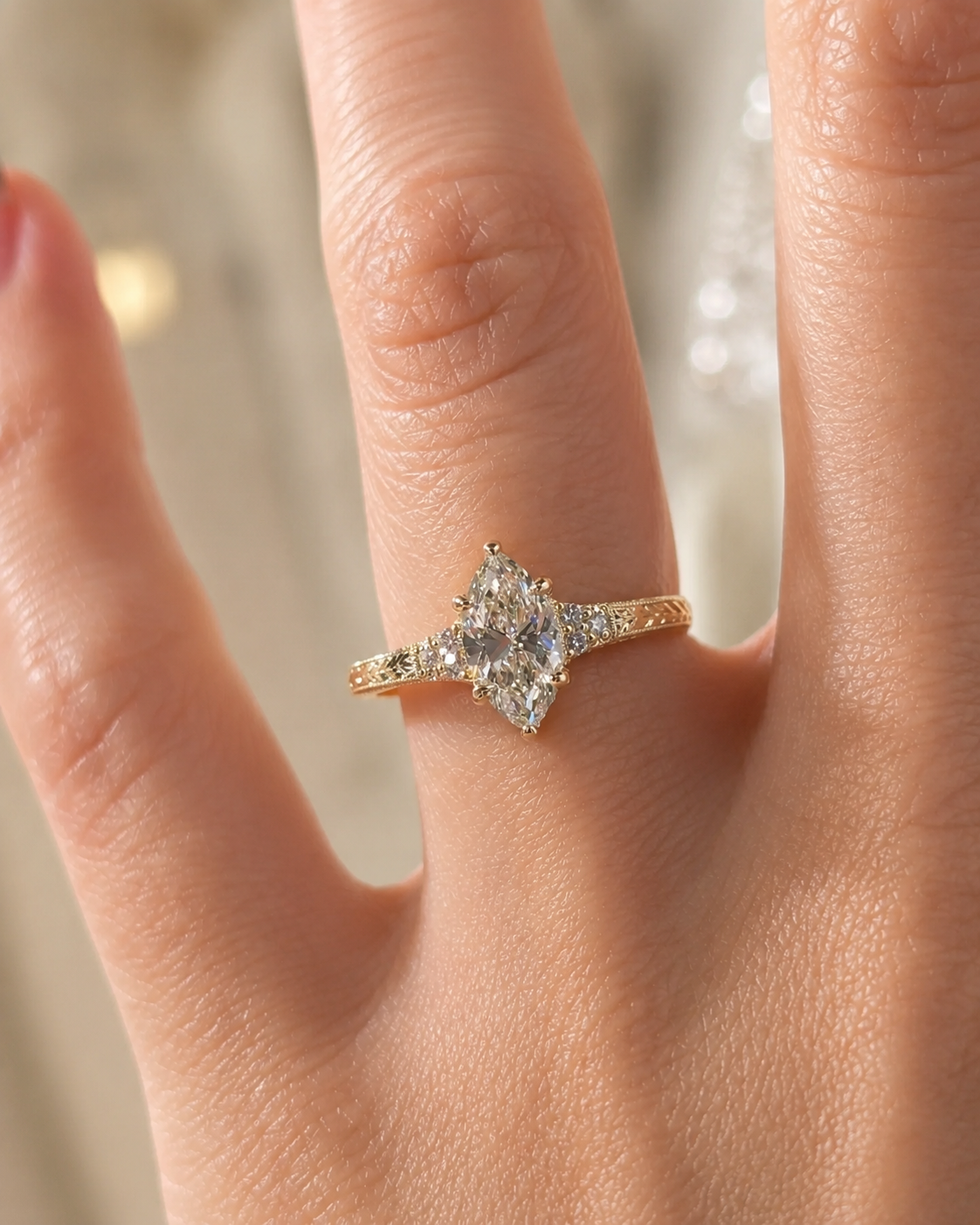 Marquise Lab Grown Diamond Engagement Ring  Vintage Hand-Engraved 14K Yellow Gold  IGI Certified 1ct E-VVS2