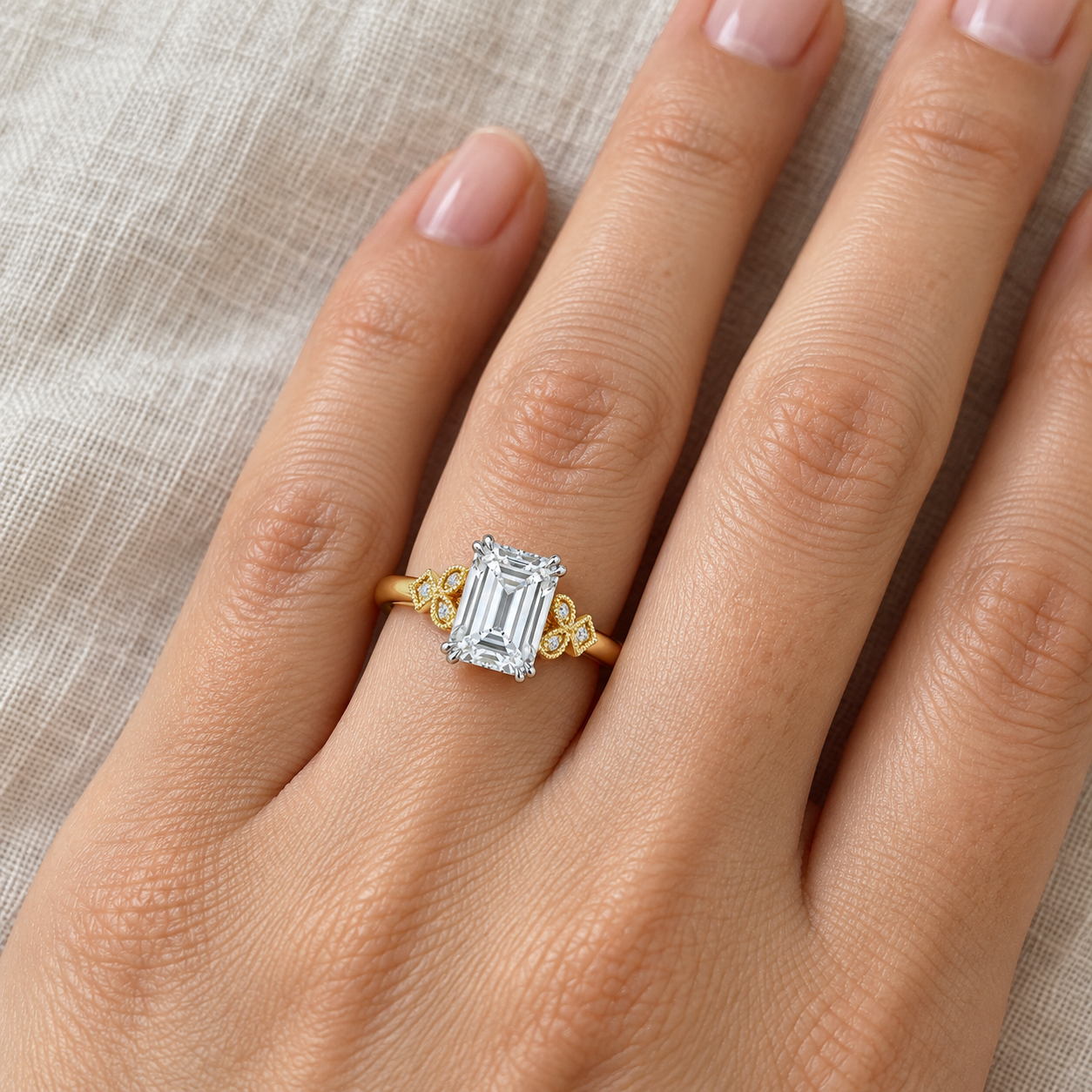 Emerald Cut Lab Grown Diamond Engagement Ring Vintage Milgrain 14K Two Tone Gold Accent Diamond Shoulders