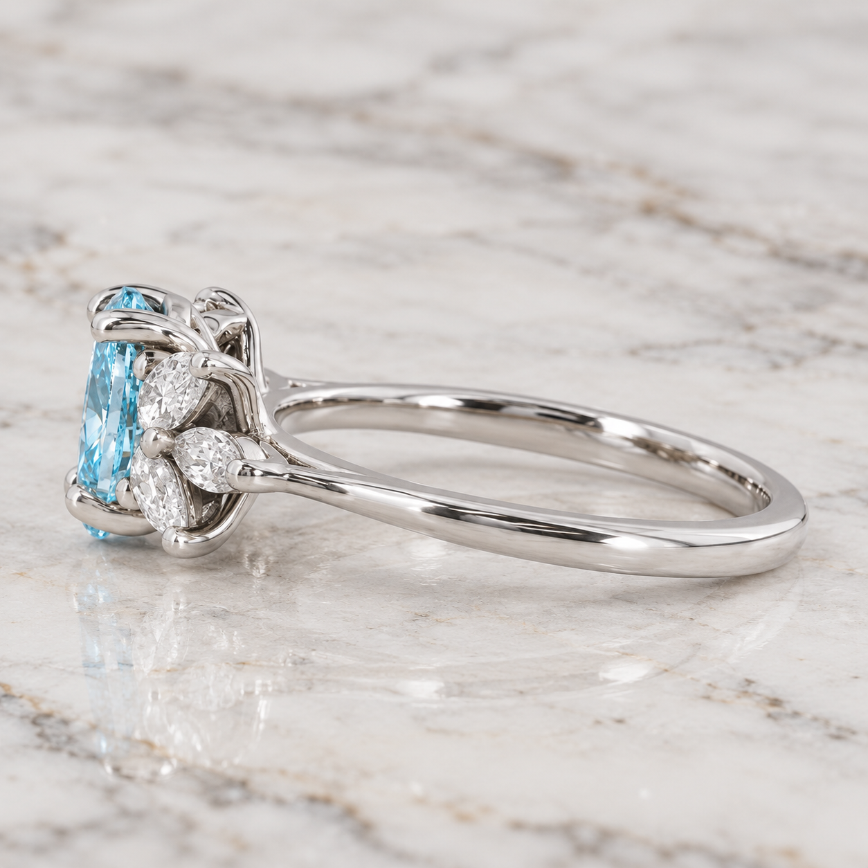 Blue Oval Lab Grown Diamond Floral Ring Four-Prong Petal Halo Platinum 950 VVS2