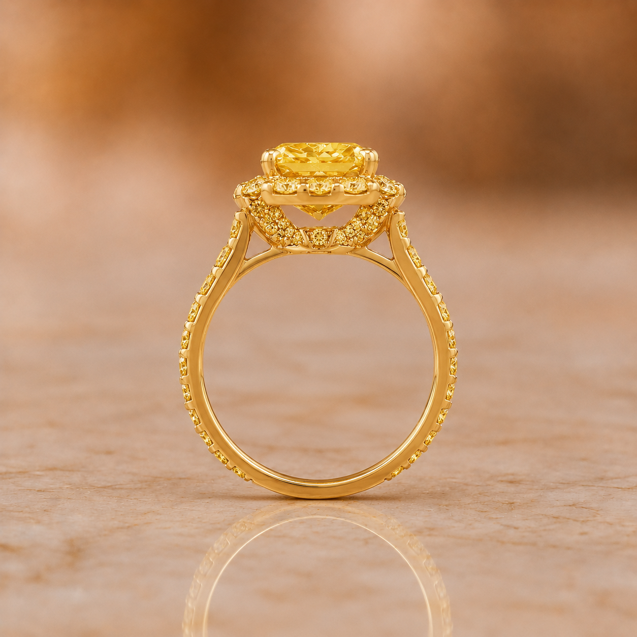 Fancy Yellow Radiant Lab Grown Diamond Engagement Ring Halo Pavé 14K Yellow Gold IGI Certified 2 Carat