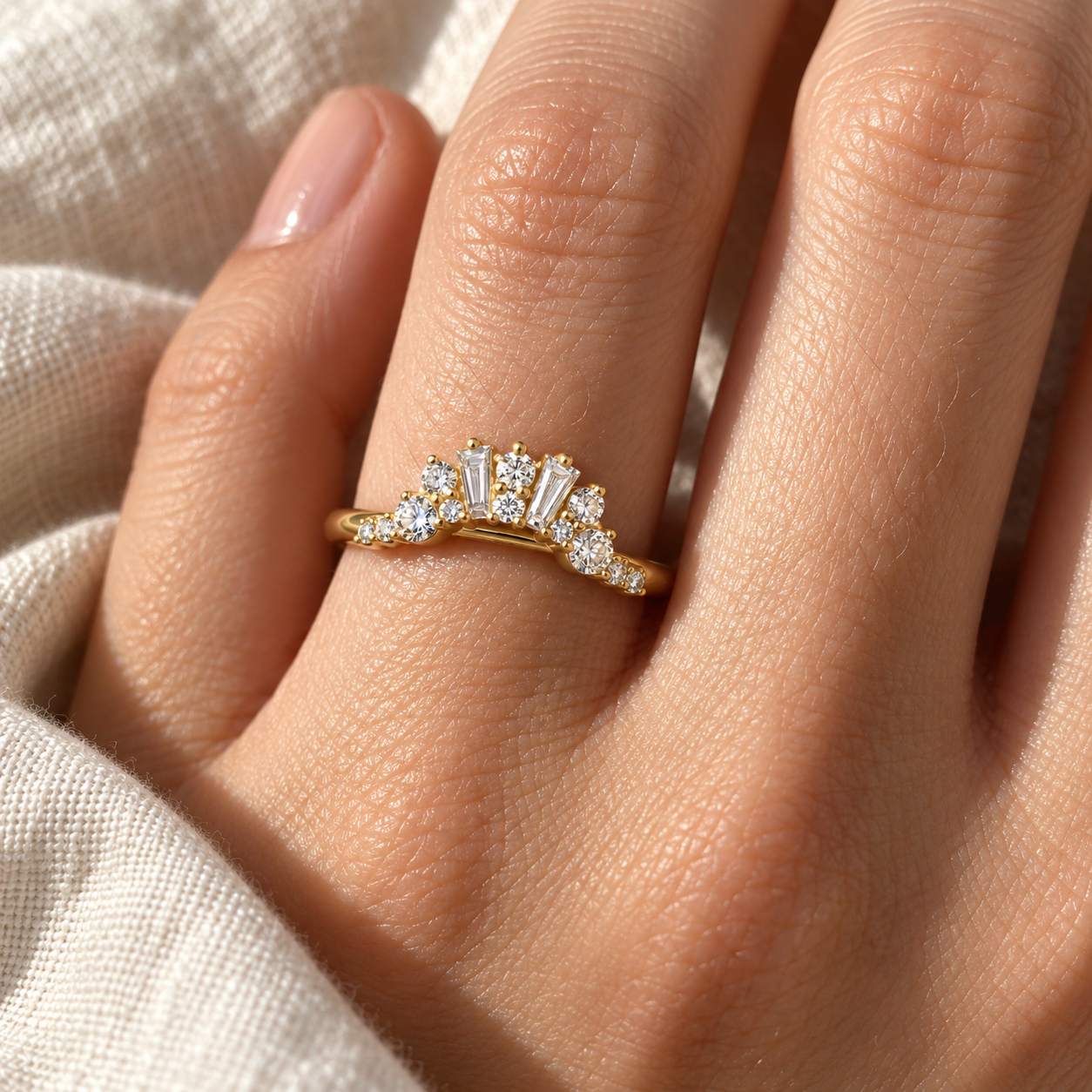 Art Deco Diamond Wedding Band Baguette & Round Cluster 14K Yellow Gold Lab Grown Diamonds
