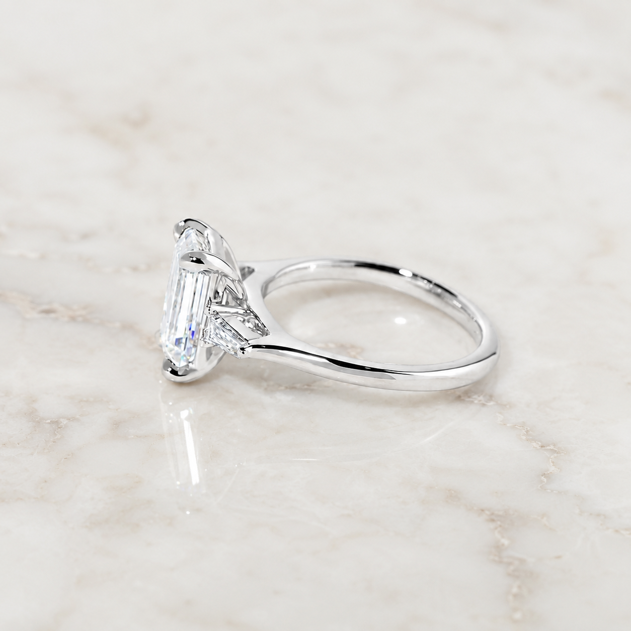 Emerald Cut Lab Grown Diamond Engagement Ring Three Stone 14K White Gold Tapered Baguette,  E VVS2
