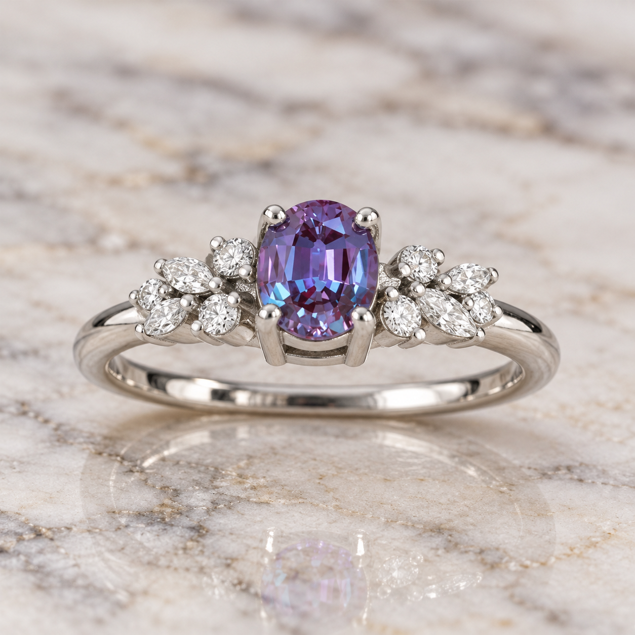 Oval Lab Grown Alexandrite Engagement Ring Floral Diamond Halo Platinum Color Change Gemstone Ring