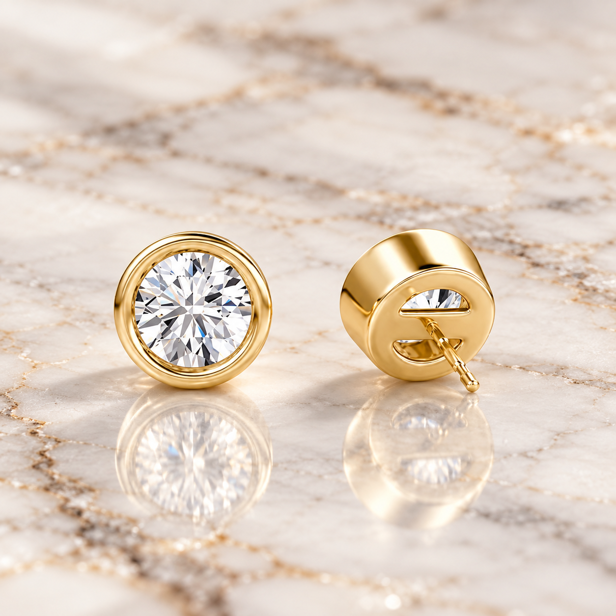 Lab Grown Diamond Stud Earrings Round Bezel Set 14K Yellow Gold IGI Certified