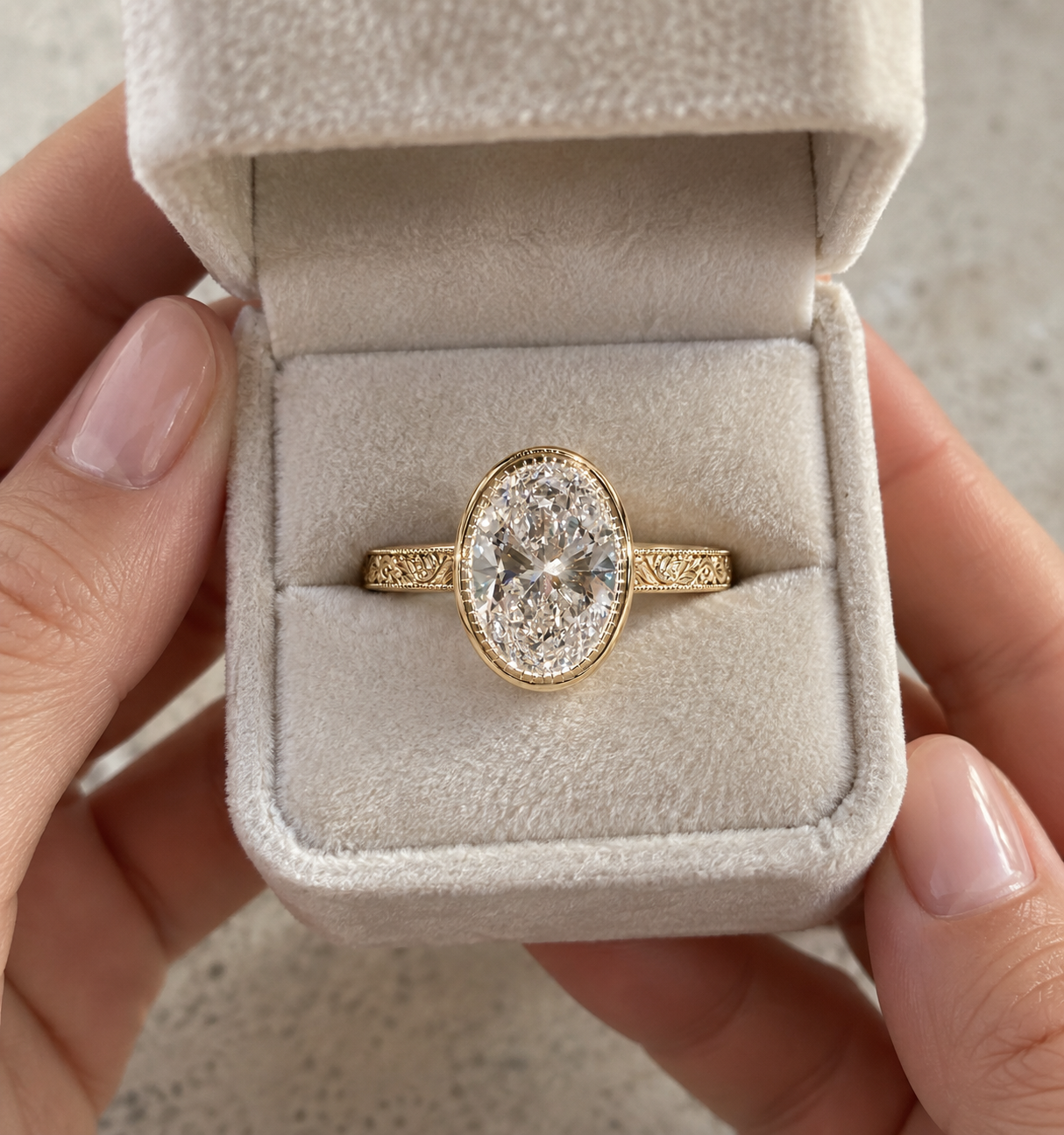Oval Lab Grown Diamond Engagement Ring Art Deco Bezel 14K Yellow Gold IGI Certified E VVS2
