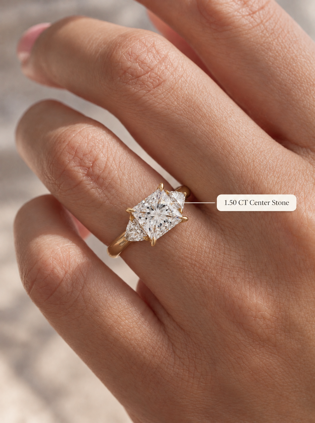 Princess Cut Lab Grown Diamond Engagement Ring Three Stone Trillion 14K Gold IGI Certified E VVS2