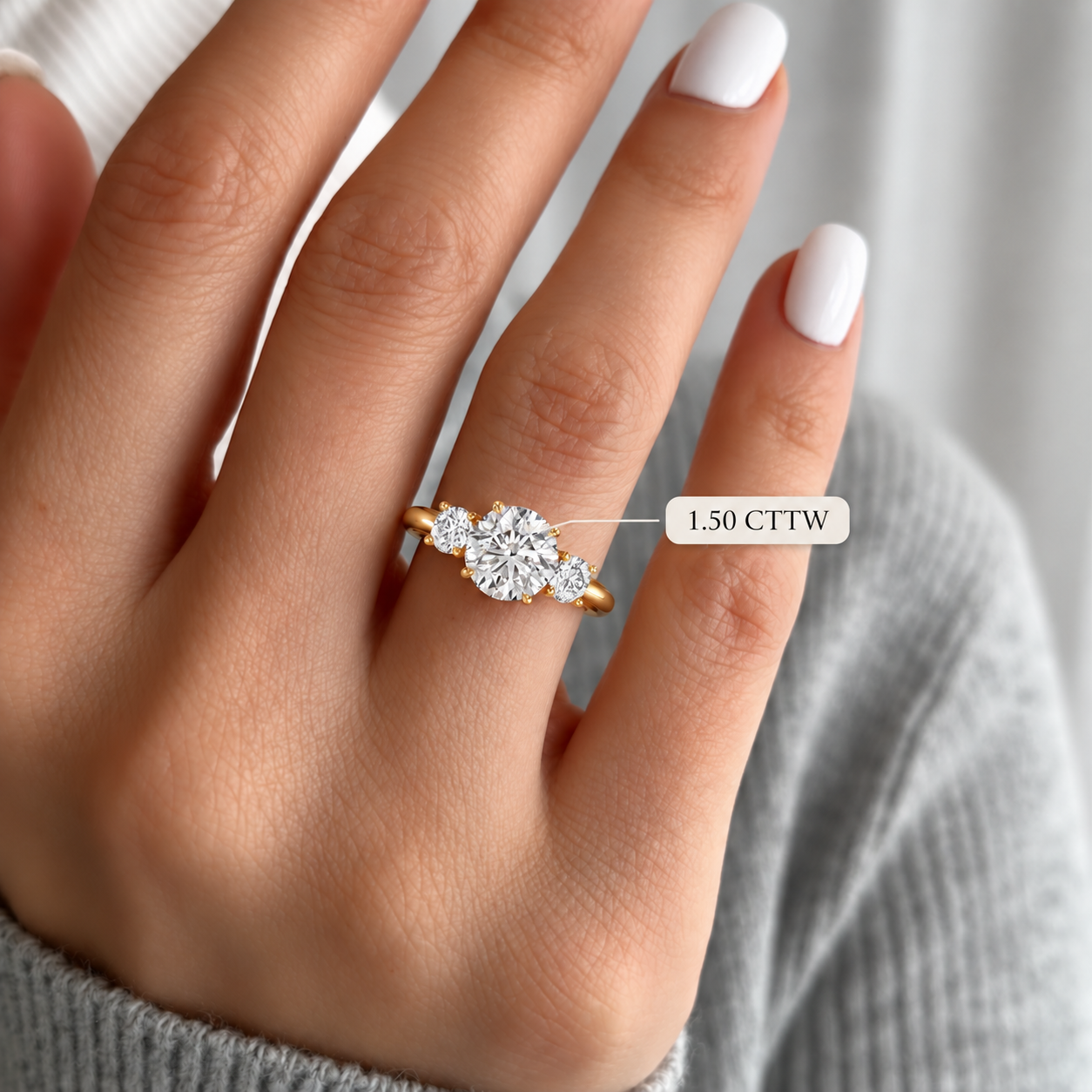 Round Lab Grown Diamond Engagement Ring Three Stone 14K Yellow Gold IGI Certified