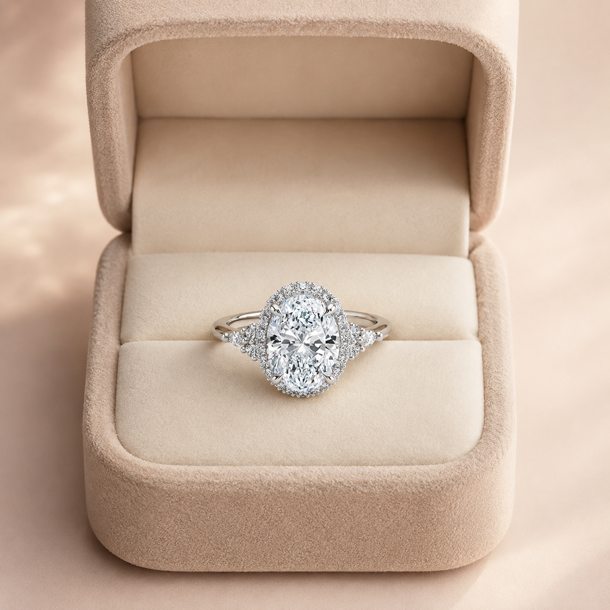 Oval Lab Grown Diamond Engagement Ring Halo with Pear Side Clusters 14K White Gold Three Stone Inspired