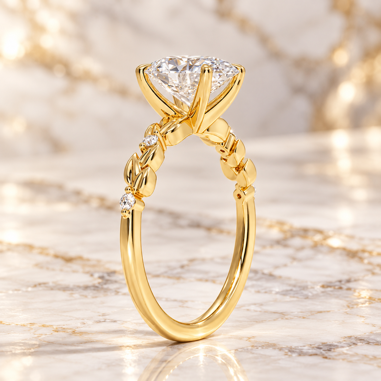 Oval Lab Grown Diamond Engagement Ring Nature Inspired 14K Yellow Gold Four Prong Accented Band