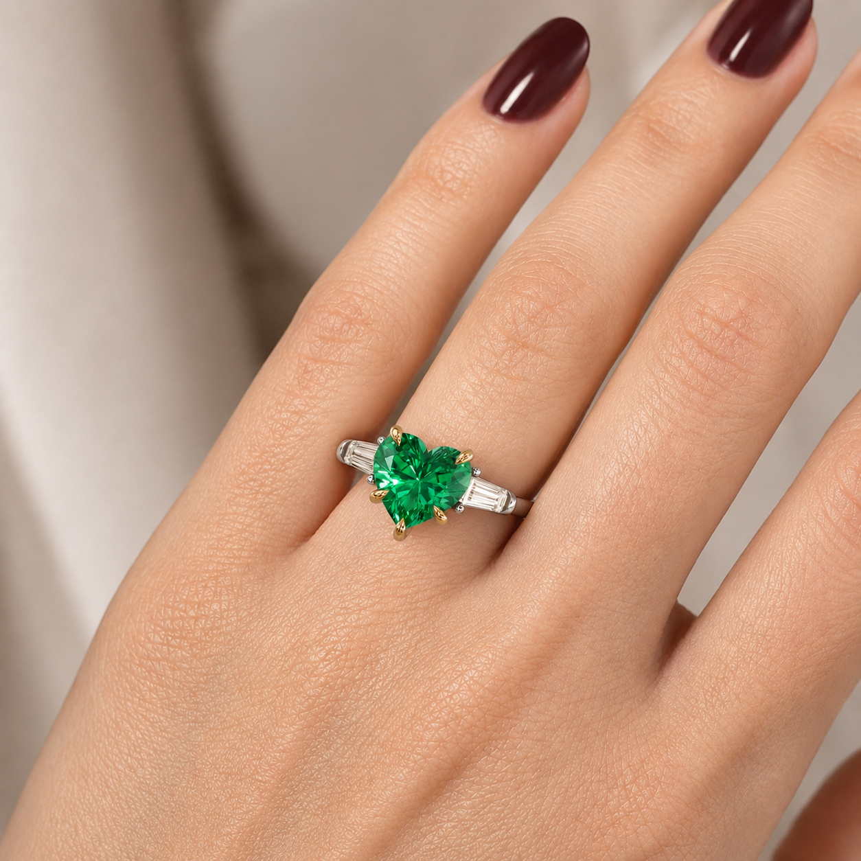 Heart Lab Grown Emerald Engagement Ring Three Stone Baguette 14K Two-Tone Gold – 2 Carat IGI