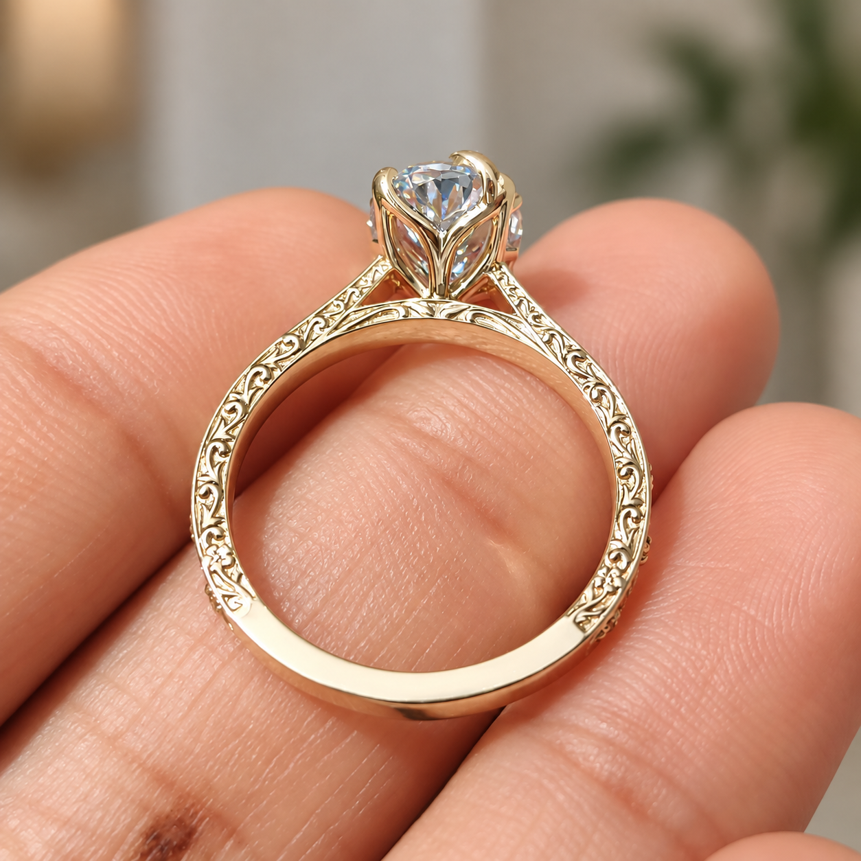 Blue Oval Lab Grown Diamond Engagement Ring Vintage Leaf 14K White Gold IGI Certified 2 Carat