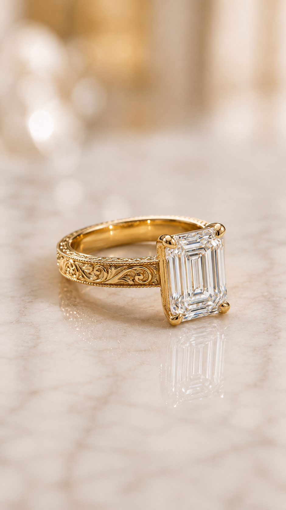 Emerald Cut Lab Grown Diamond Engagement Ring Vintage Solitaire 14K Yellow Gold IGI Certified 3ct