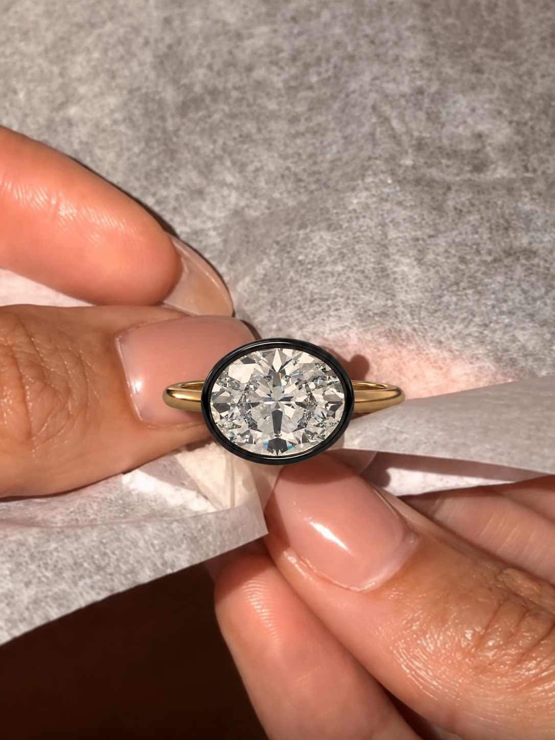 East West Oval Lab Grown Diamond Engagement Ring Blackened Bezel 14K Yellow Gold Solitaire Setting