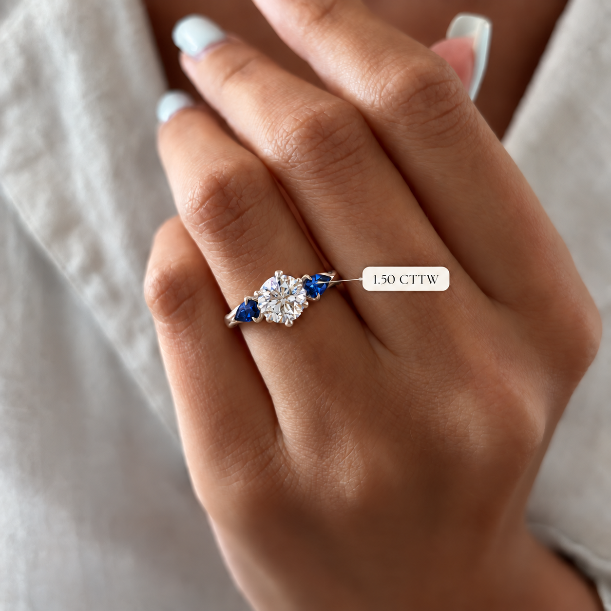 Round Lab Grown Diamond Engagement Ring Three Stone Pear Sapphire 14K White Gold E VVS2 Nature-Inspired