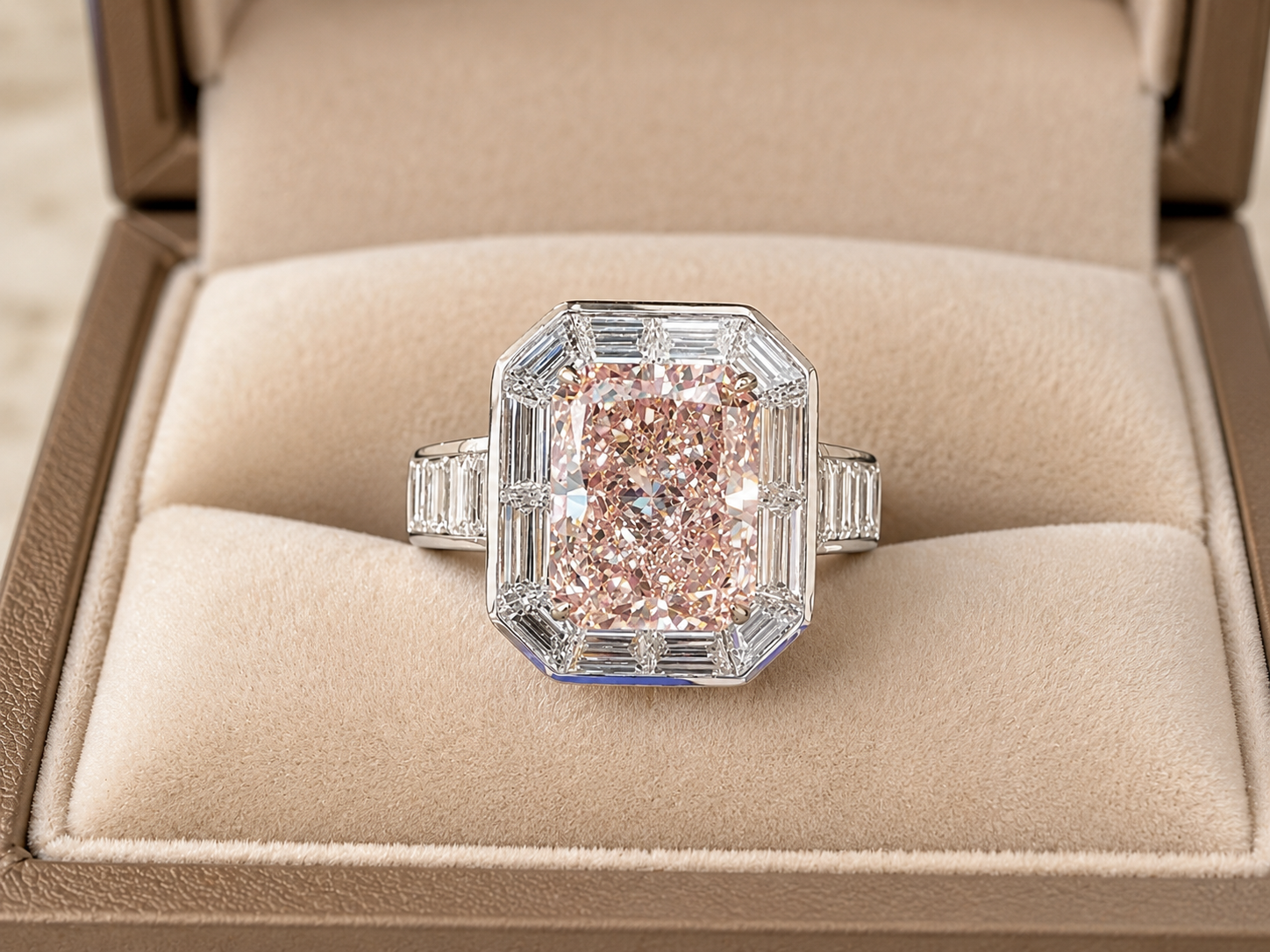 Pink Radiant Lab Grown Diamond Engagement Ring – Baguette Halo 14K White Gold – Channel-Set Shoulders
