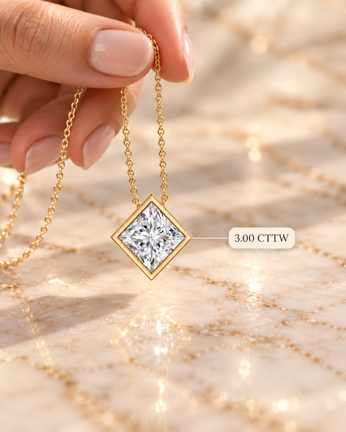 Princess Cut Lab Diamond Pendant Necklace Bezel Solitaire 14K Gold IGI Certified E VVS2