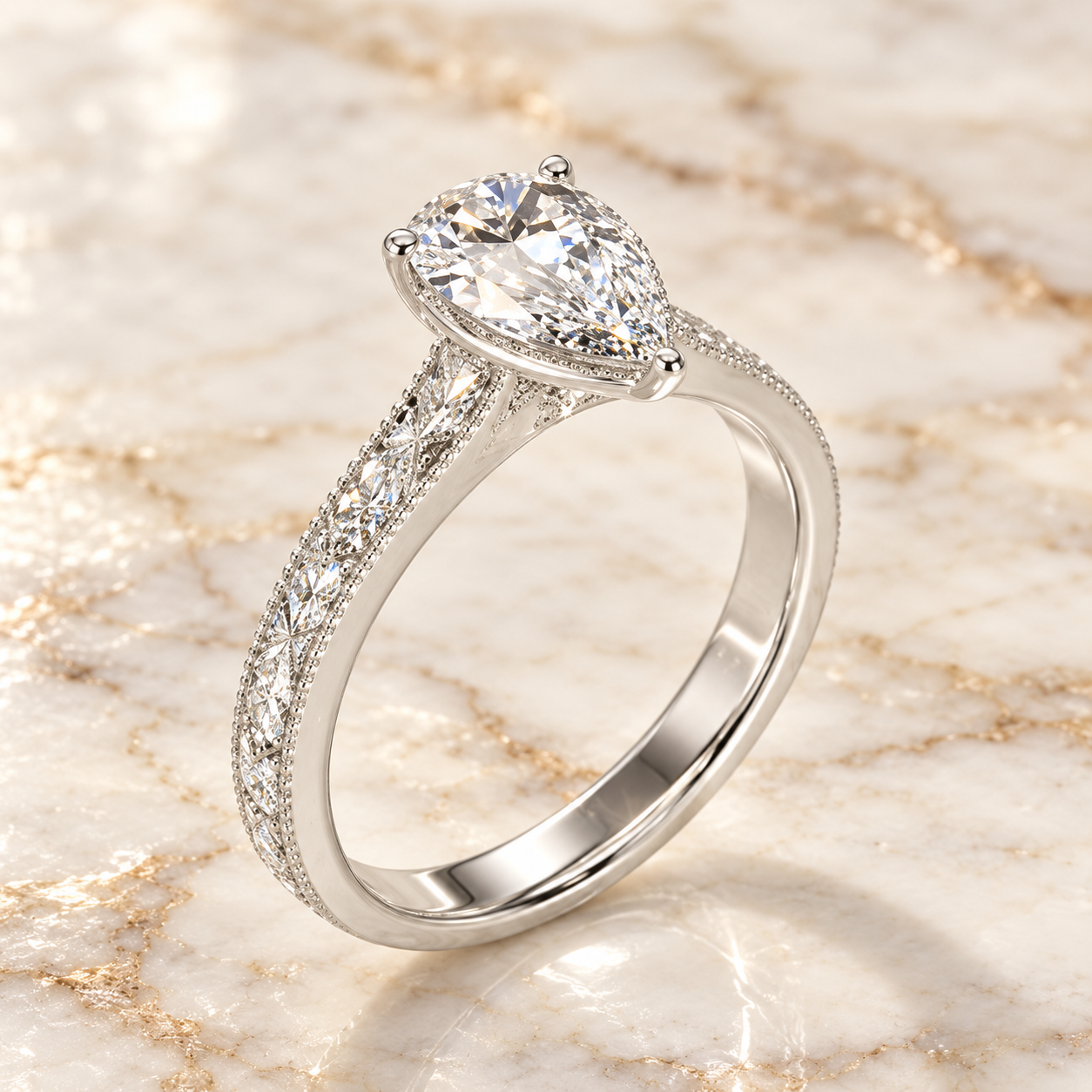 Vintage Lab Grown Diamond Engagement Ring Engraved 14K White Gold E VVS2, IGI Certified