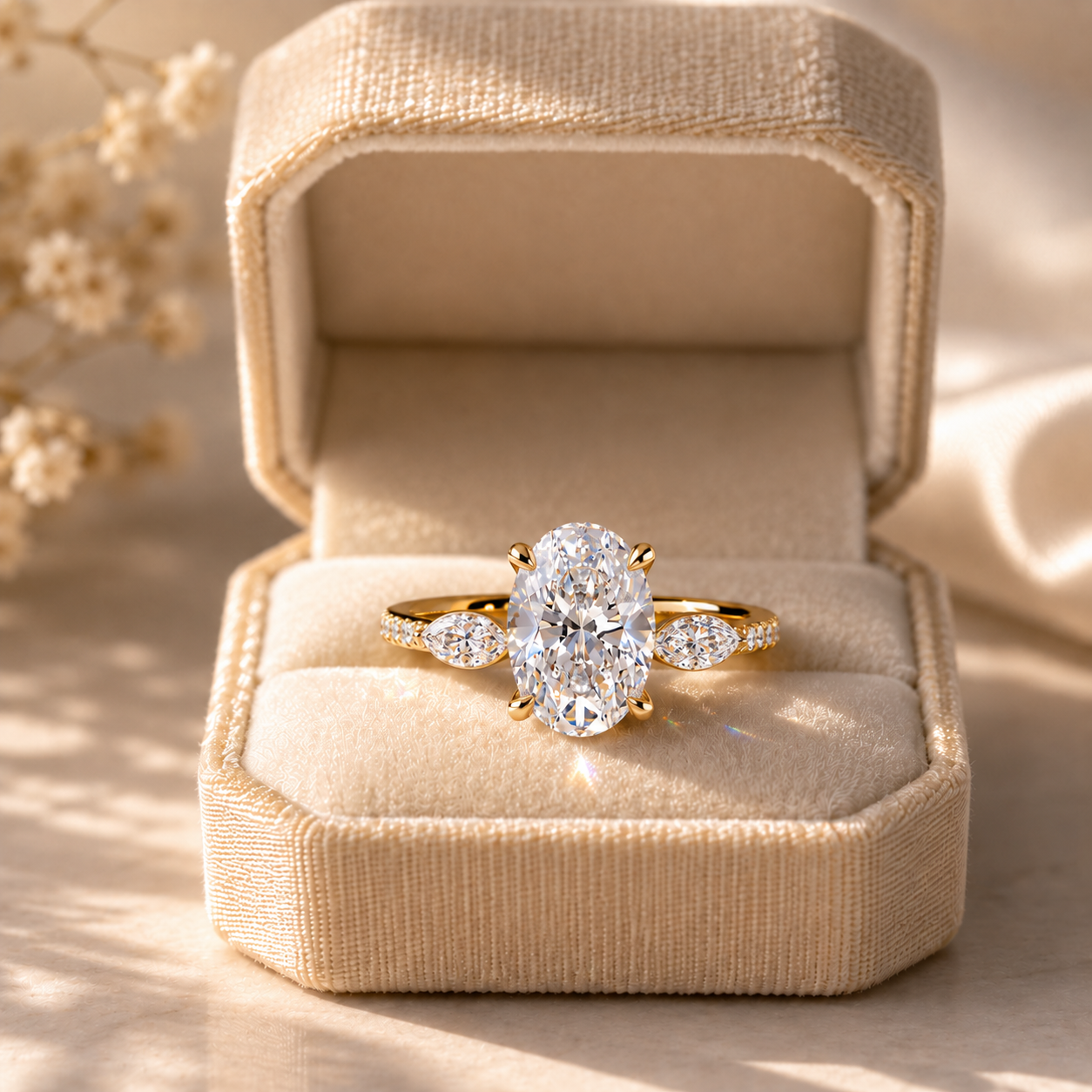 Oval Lab Grown Diamond Engagement Ring  Marquise Side Stone Pavé 14K Yellow Gold IGI Certified 2ct