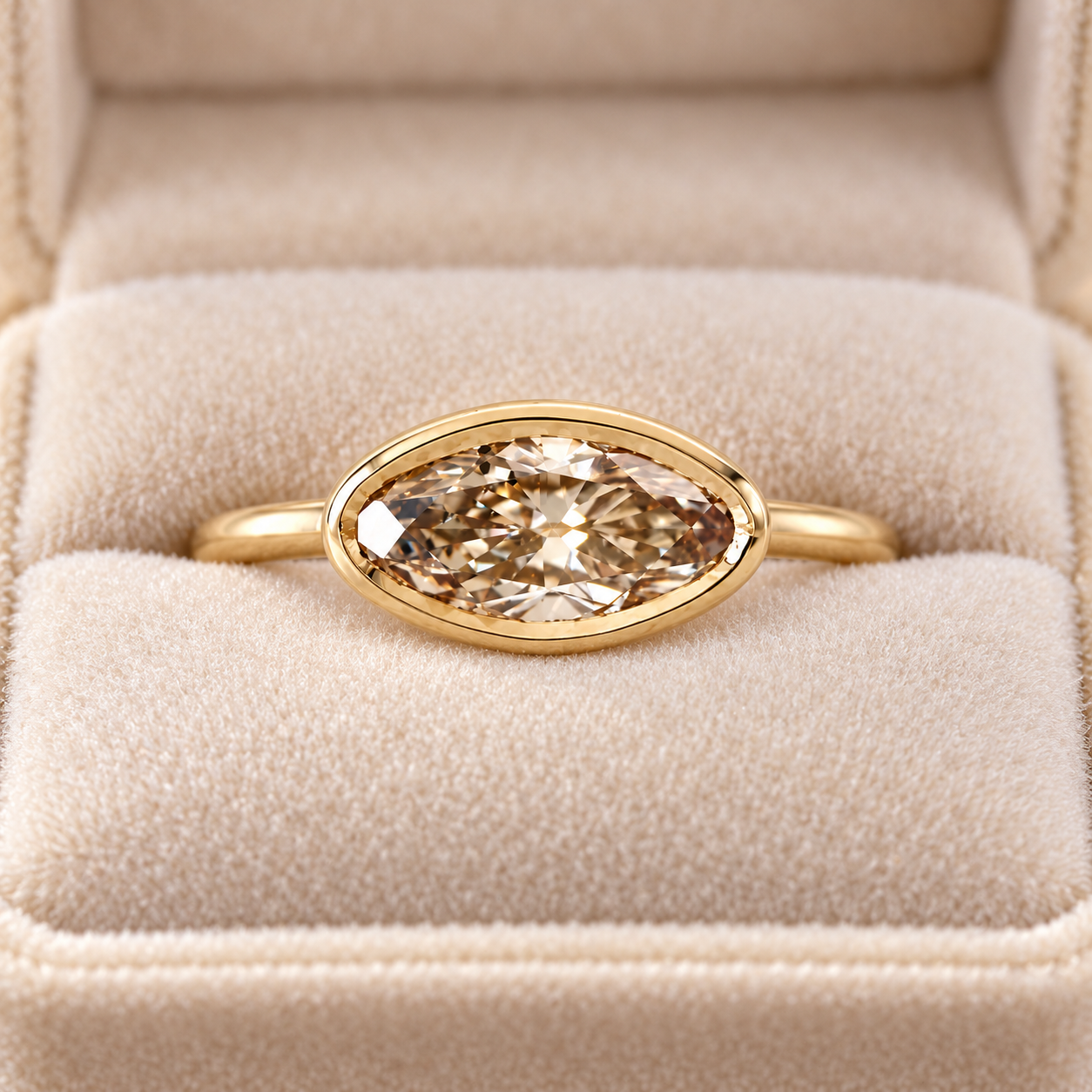 Champagne Moval Diamond Engagement Ring Bezel Set 14K Yellow Gold East West Moval