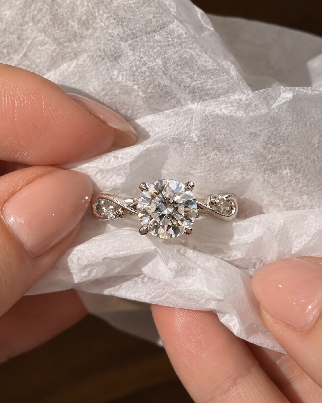 Round Engagement Ring Twisted Vine Shank 14K White Gold Colorless VVS2