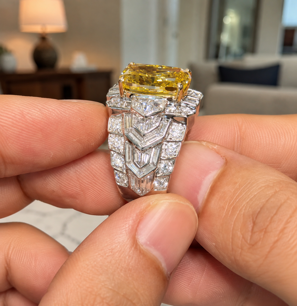 Fancy Yellow Cushion Lab Grown Diamond Engagement Ring Art Deco Halo 14K White Gold Baguette Accents