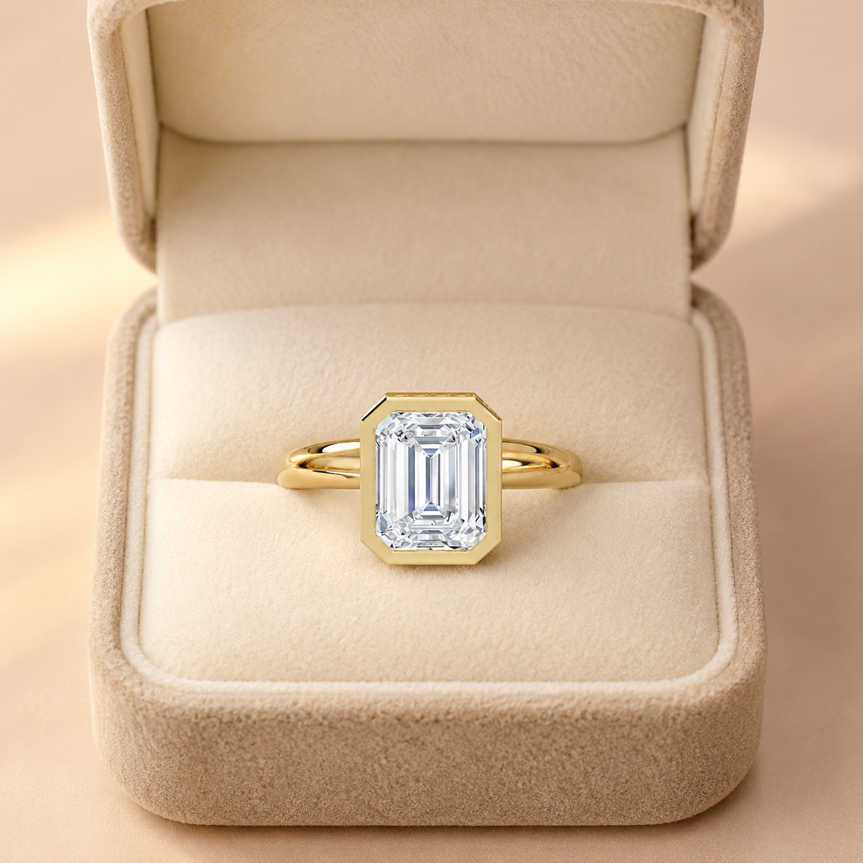Emerald Cut Lab Grown Diamond Engagement Ring Bezel Hidden Halo 14K Yellow Gold Split Shank