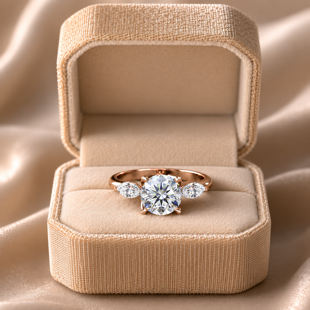Round Lab Grown Diamond Engagement Ring Three Stone 14K Rose Gold – Floral Prong Setting