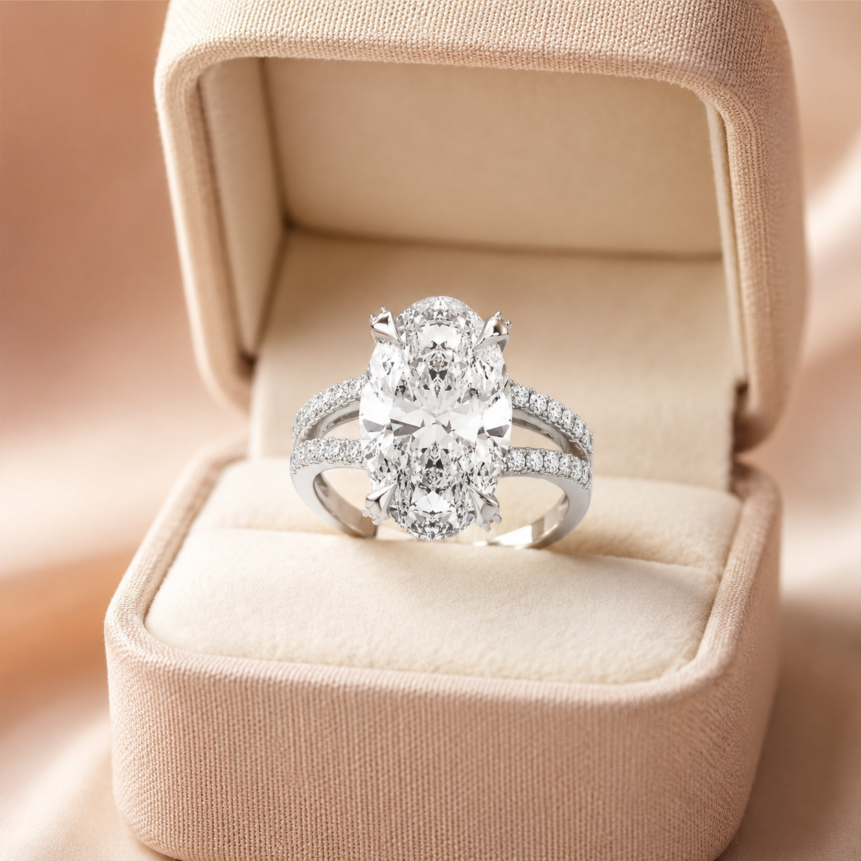 Oval Lab Grown Diamond Engagement Ring Split Shank Pavé 14K White Gold IGI Certified 4 Carat E VVS2