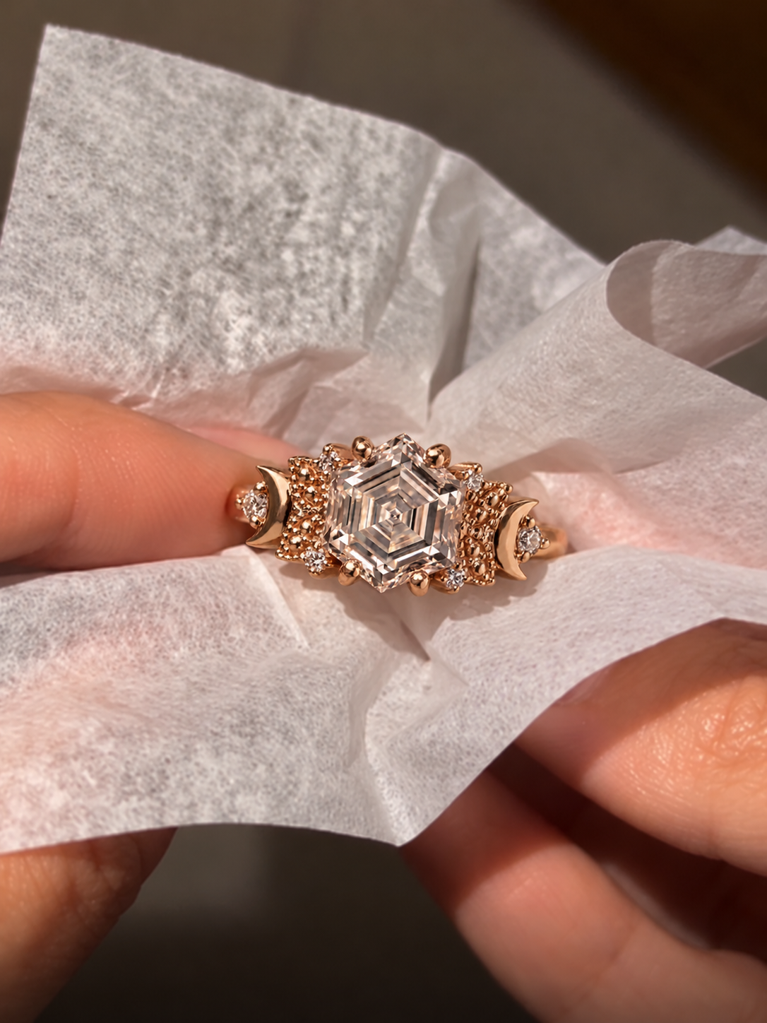 Hexagon Step Cut Lab Grown Diamond Engagement Ring Vintage Milgrain 14K Rose Gold Crescent Moon Accents