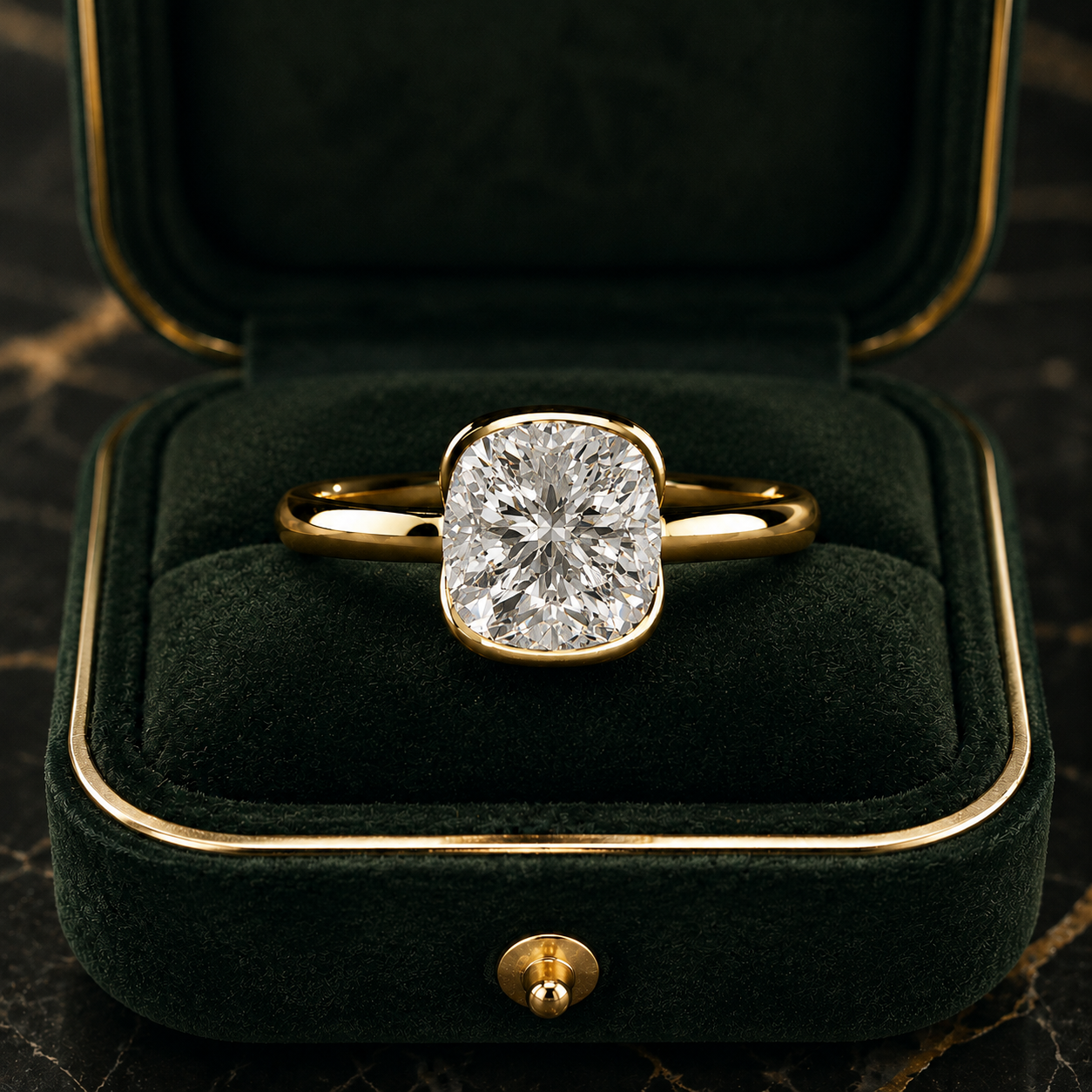 Cushion Lab Grown Diamond Engagement Ring Half Bezel Solitaire 14K Yellow Gold IGI Certified 1 Carat
