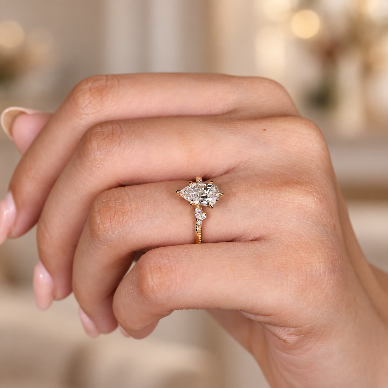 Pear Lab Grown Diamond Engagement Ring Vintage Side Stone 14K Yellow Gold IGI Certified 1.5 Carat
