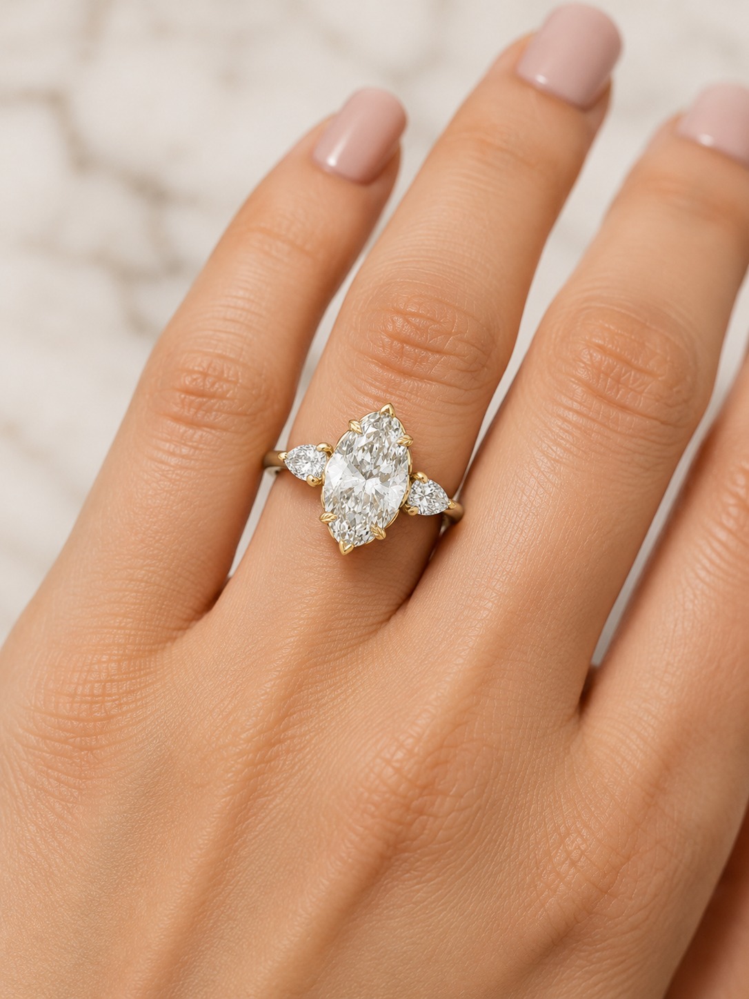 Marquise Lab Grown Diamond Engagement Ring Three Stone Pear 14K Yellow Gold 2 Carat, IGI Certified