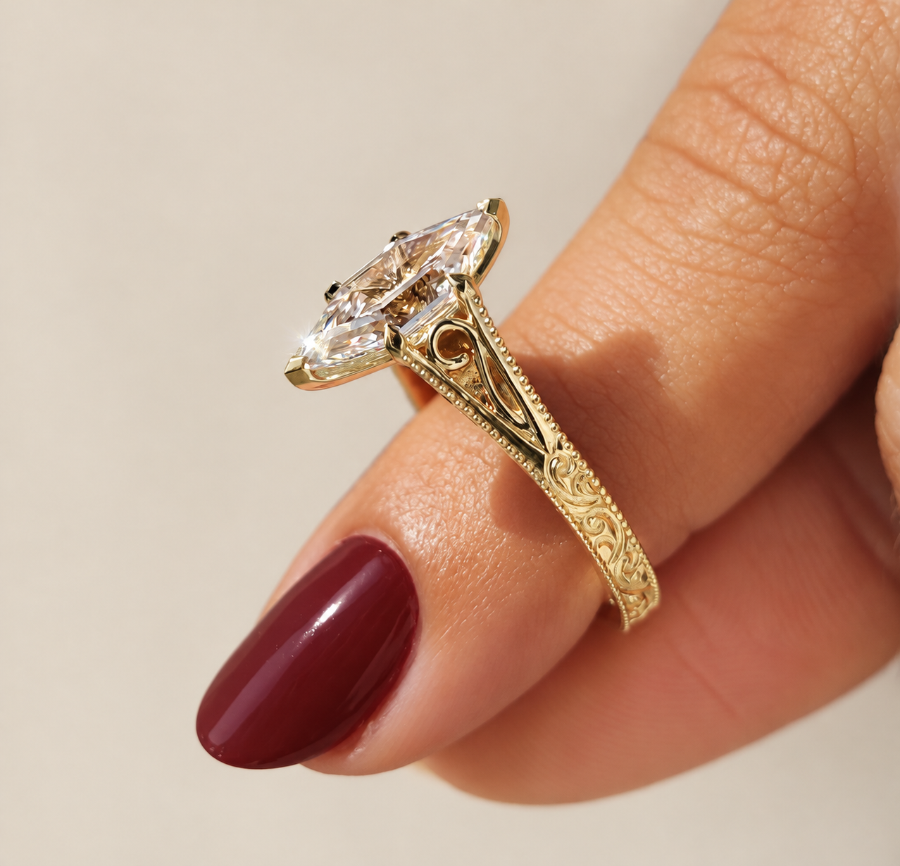 Hexagon Lab Grown Diamond Engagement Ring Vintage Milgrain Solitaire 14K Yellow Gold IGI Certified