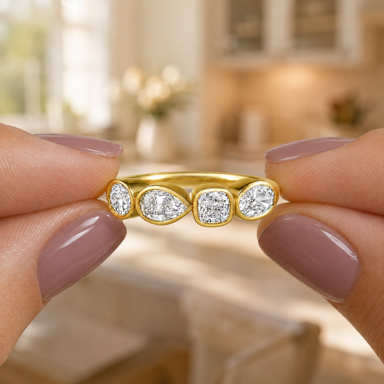 Mixed Shape Lab Grown Diamond Band – Bezel Set 14K Yellow Gold – Pear Cushion Oval