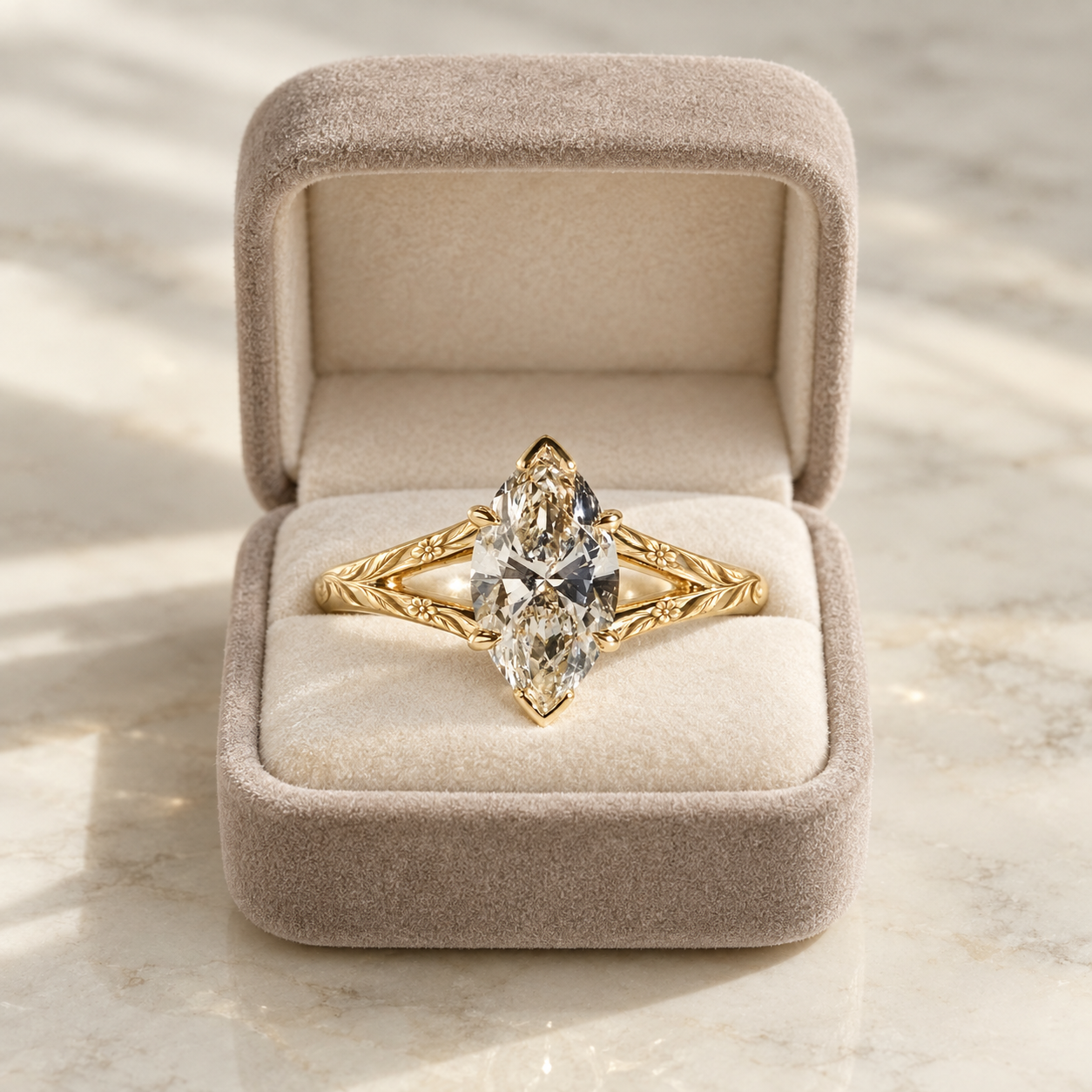 Marquise Lab Grown Diamond Engagement Ring Split Shank Solitaire 14K Yellow Gold Elongated Center Stone