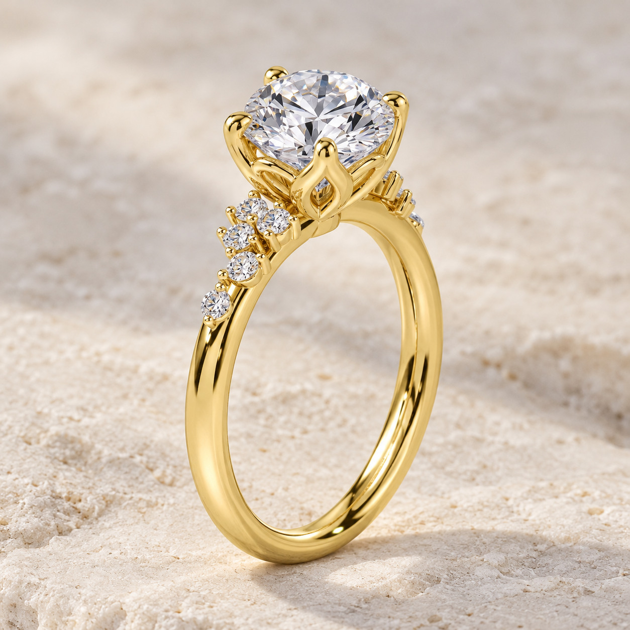 Round Lab Grown Diamond Engagement Ring Floral Cluster 18K Yellow Gold Petal Gallery Four Prong