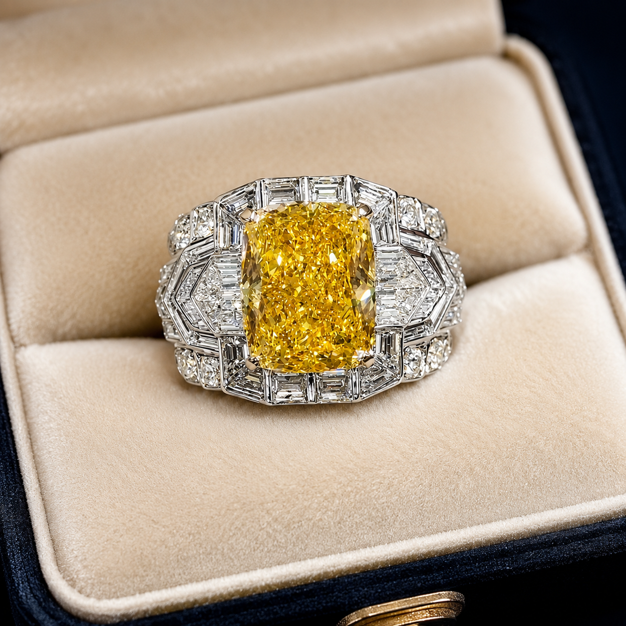 Fancy Yellow Cushion Lab Grown Diamond Engagement Ring Art Deco Halo 14K White Gold Baguette Accents
