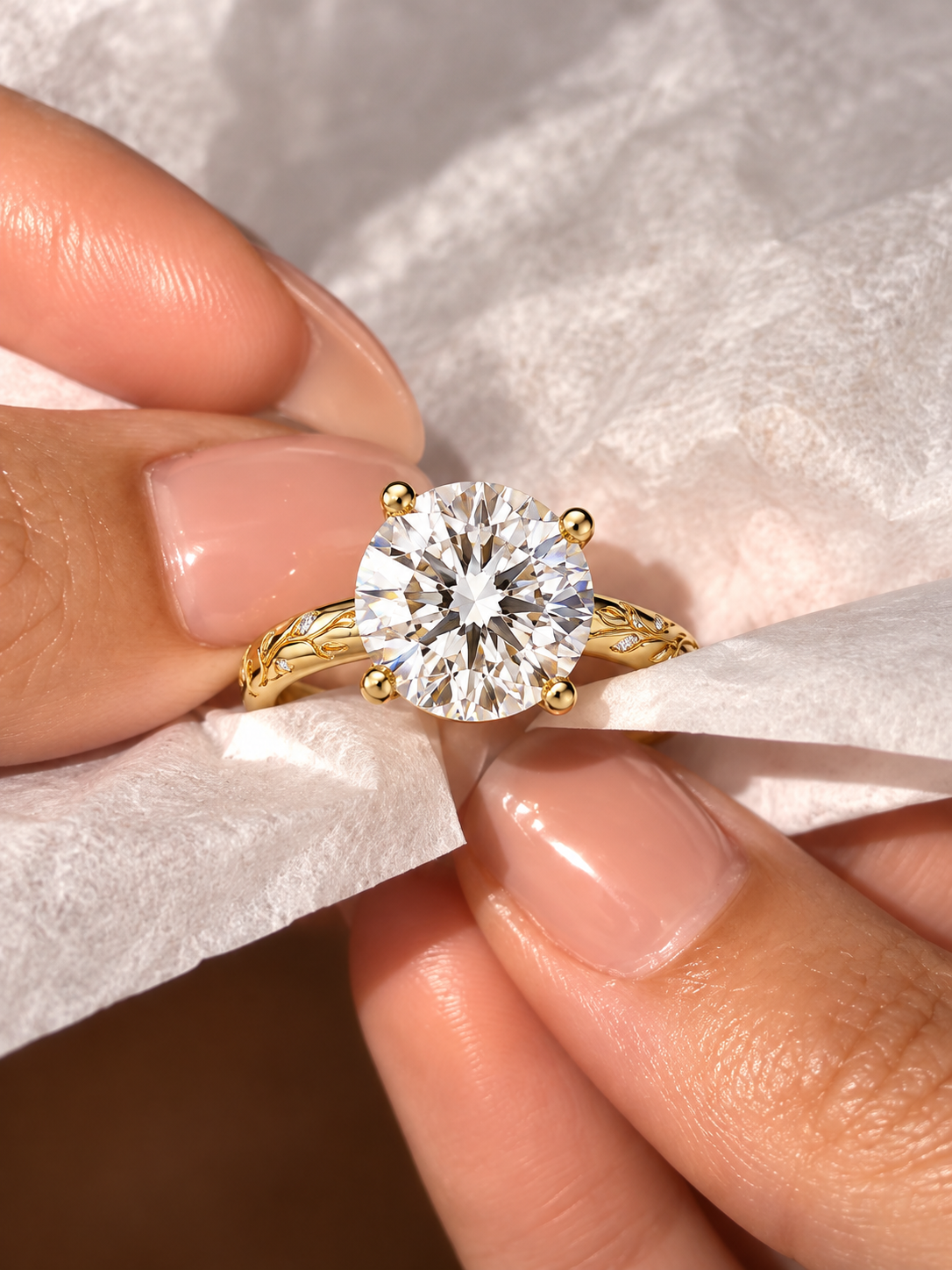 Round Lab-Grown Diamond Engagement Ring, 18K Yellow Gold, Nature-Inspired Engraved Band
