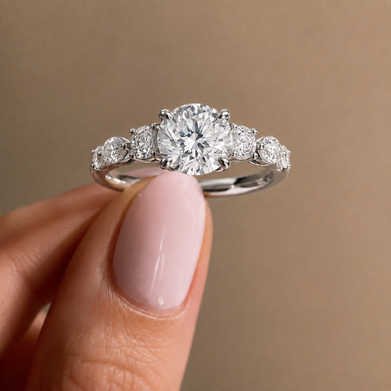 Round Lab Grown Diamond Engagement Ring Side Stone 14K White Gold E VVS2 4.2 Carat, IGI Certified