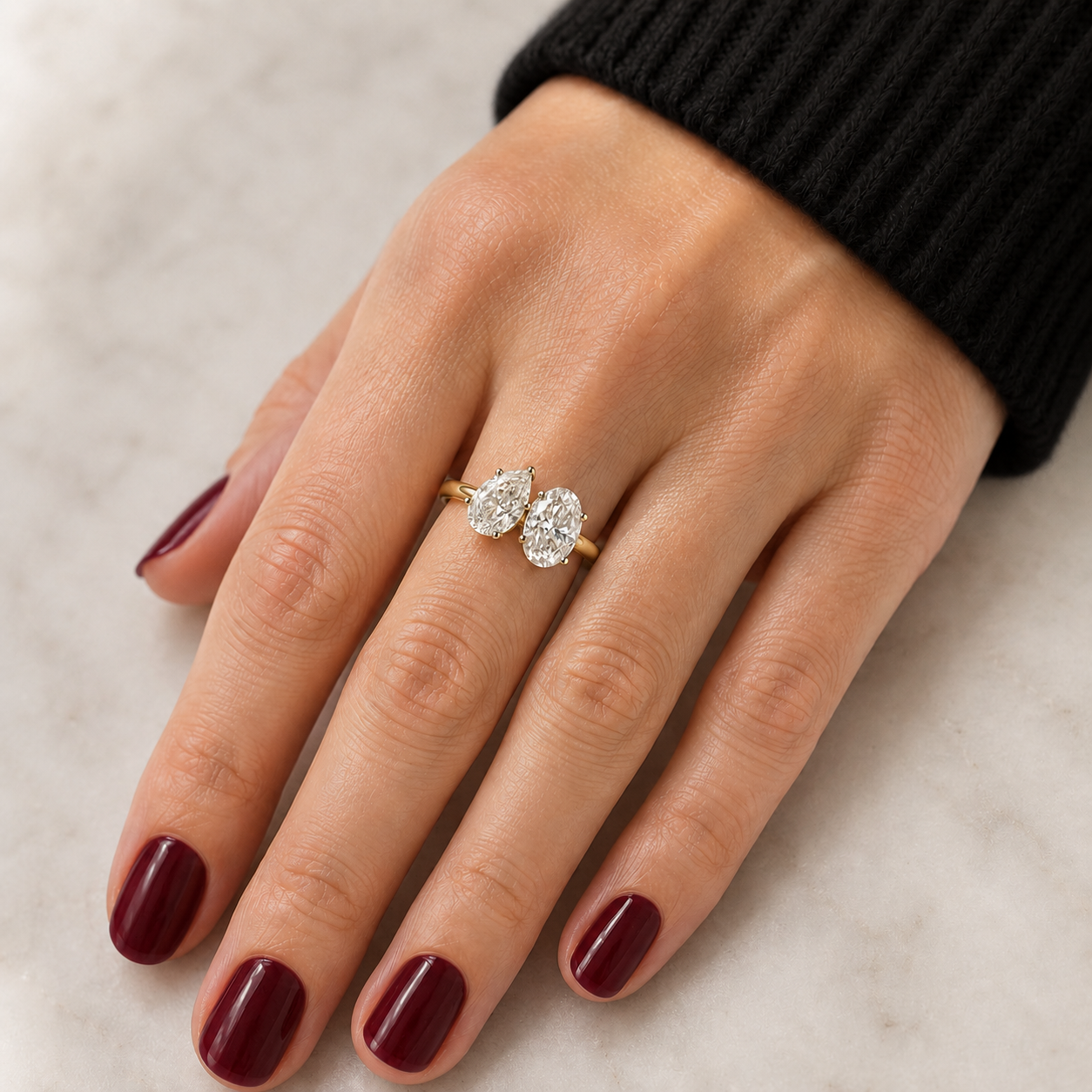 Pear & Oval Lab Grown Diamond Toi et Moi Ring Two Stone 14K Yellow Gold VVS2 E Diamonds
