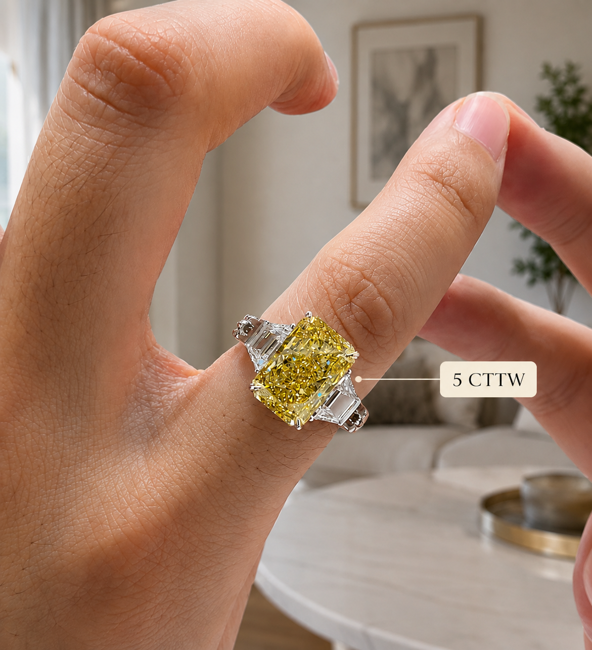Fancy Yellow Radiant Lab Grown Diamond Engagement Ring Three Stone 14K White Gold Trapezoid Side Stones
