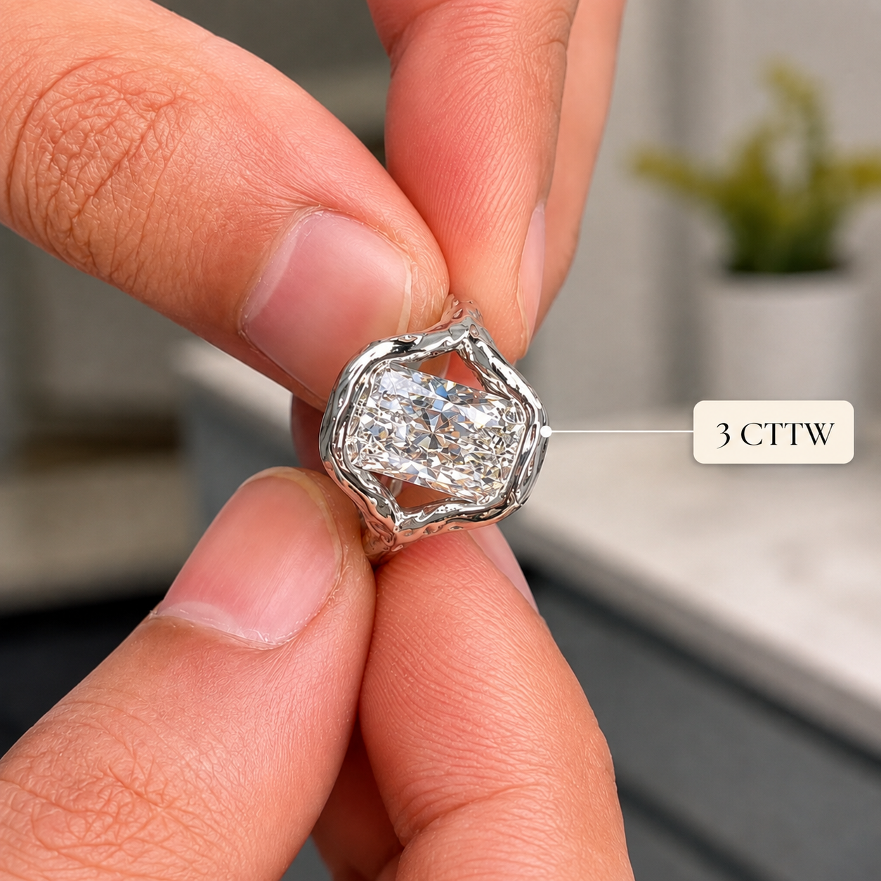 Radiant Cut Lab Grown Diamond Engagement Ring Organic Freeform Bezel 14K White Gold Split Shoulder Solitaire