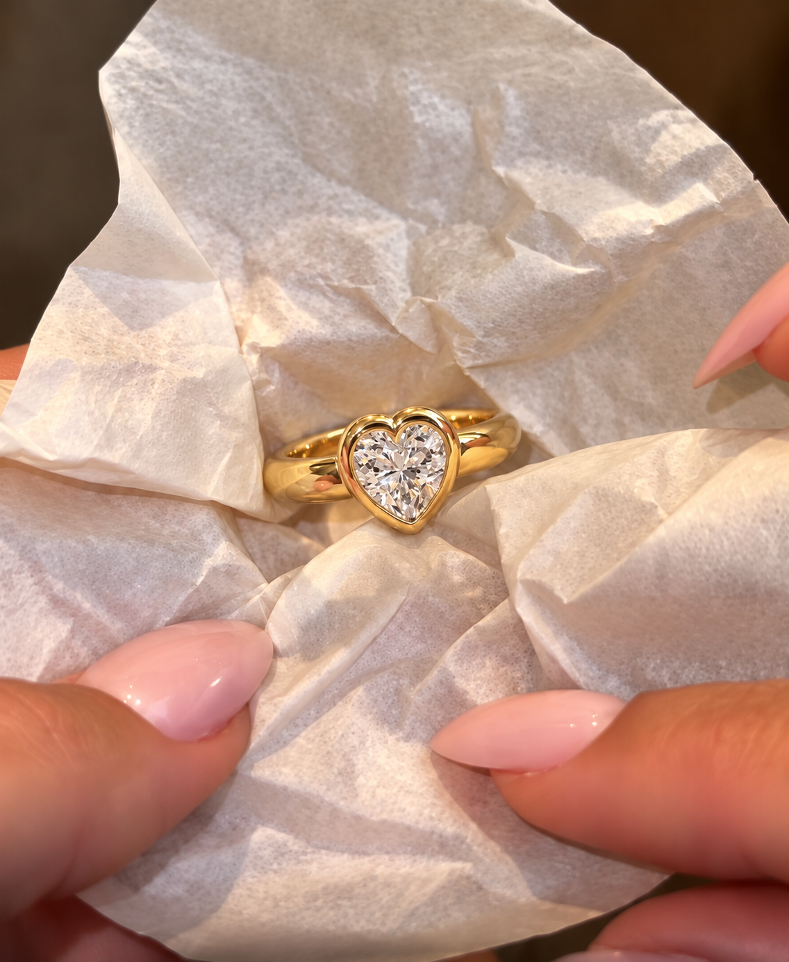 Heart Lab Diamond Engagement Ring: 14K Yellow Gold Dome Bezel Solitaire