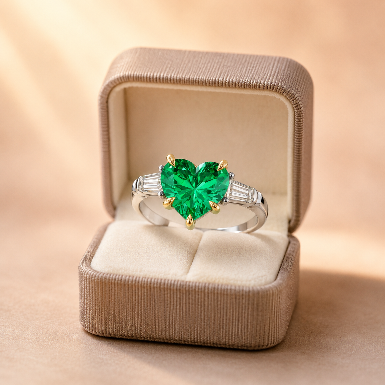Heart Lab Grown Emerald Engagement Ring Three Stone Baguette 14K Two-Tone Gold – 2 Carat IGI