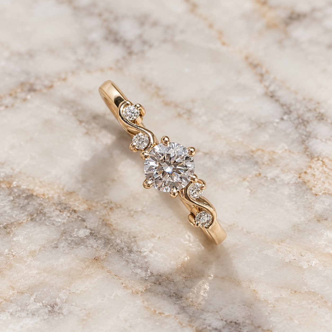Round Lab Grown Diamond Engagement Ring Five Stone Vine 14K Yellow Gold IGI Certified