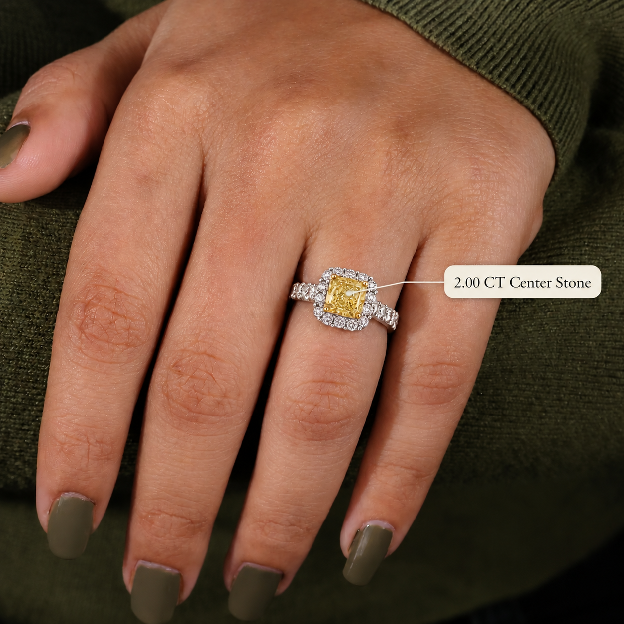 Yellow Radiant Lab Grown Diamond Engagement Ring Pavé Halo 14K White Gold IGI Certified